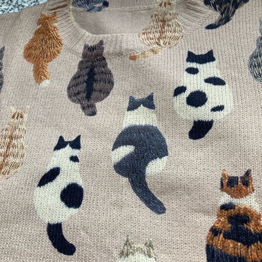 Cat Print Lightweight Knit Sweater | Size S | Kawaii Cottagecore Pet Lover Gift - Picture 4 of 9
